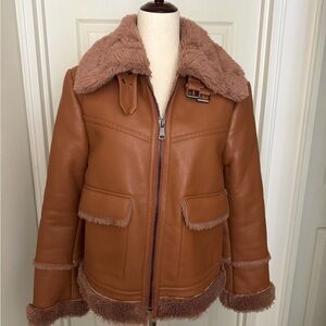 Bagatelle Brown Leather Jacket with Shearling Trim